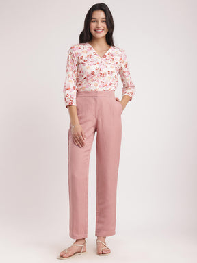 Linen Elasticated Straight Fit Pants - Dusty Pink