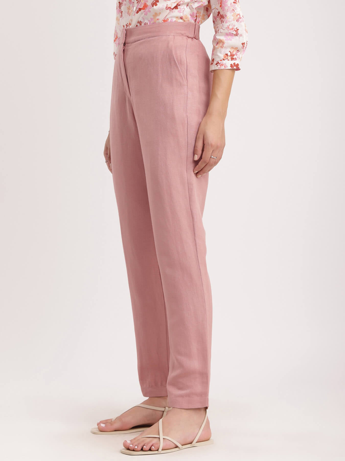 Linen Elasticated Straight Fit Pants - Dusty Pink