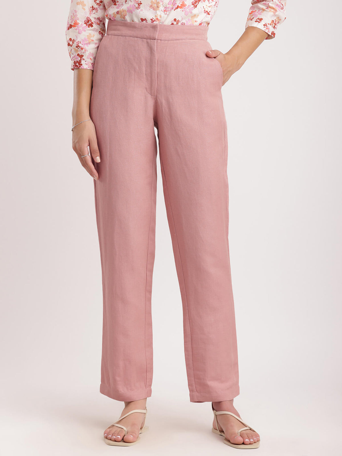 Linen Elasticated Straight Fit Pants - Dusty Pink
