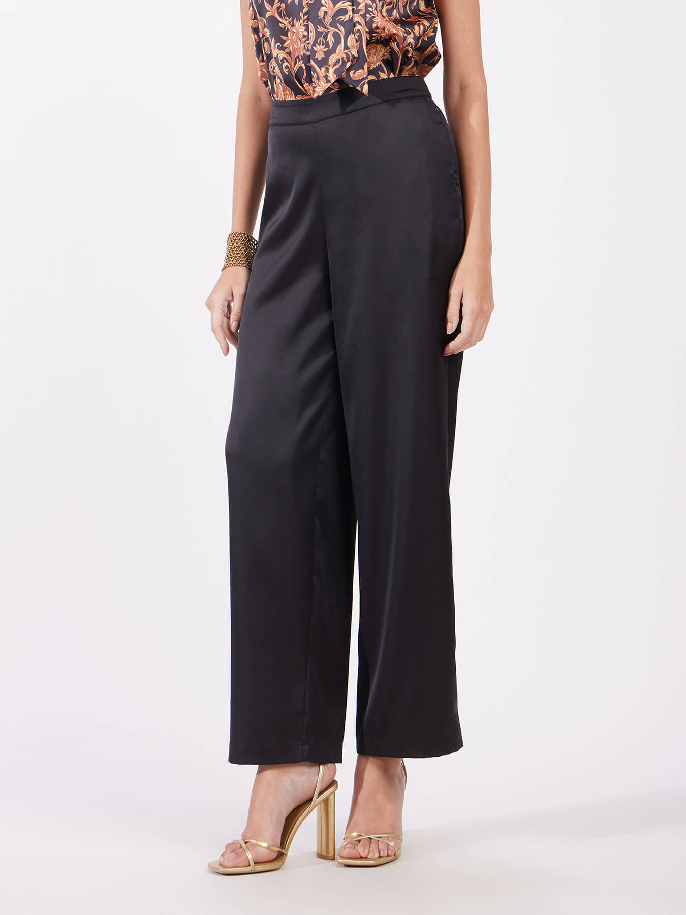 Satin Wide Leg Trousers - Black