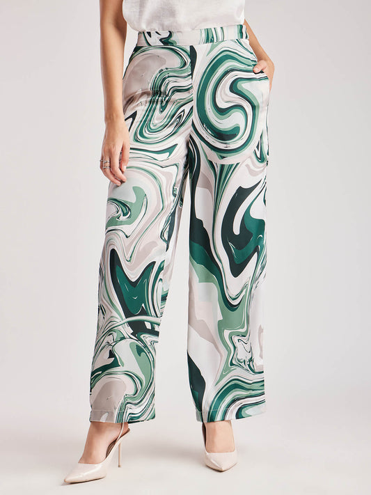 Marble Print Wide Leg Trousers - Green And Grey