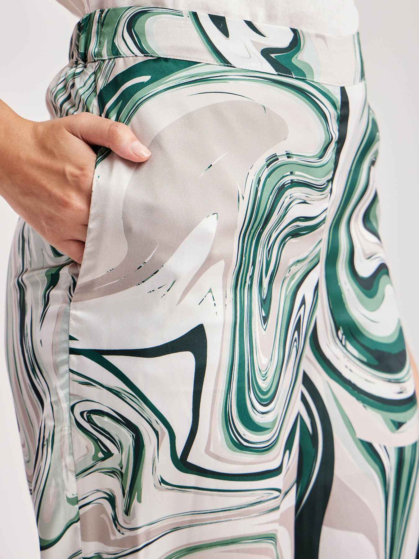 Marble Print Wide Leg Trousers - Green And Grey