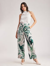 Marble Print Wide Leg Trousers - Green And Grey