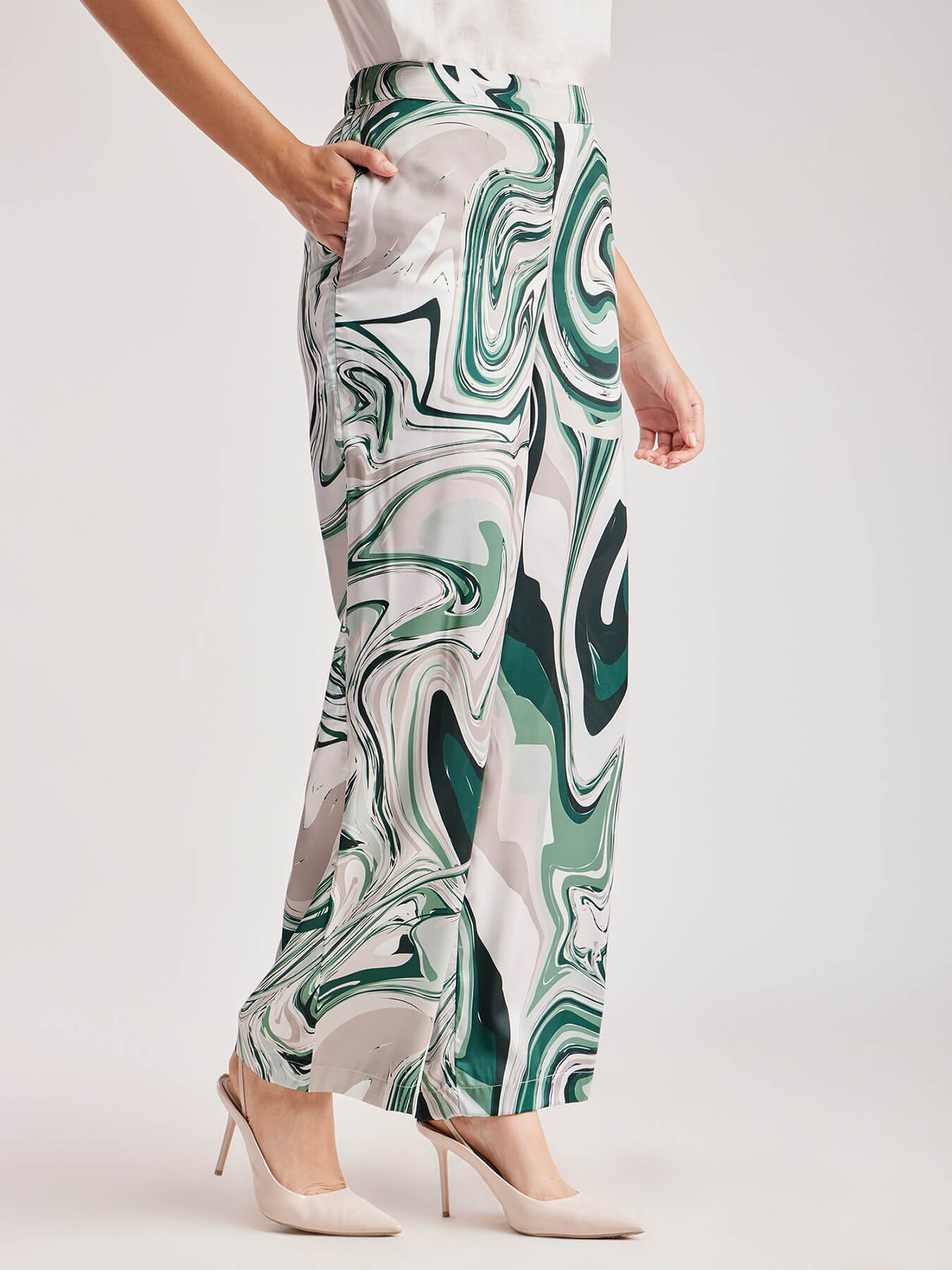 Marble Print Wide Leg Trousers - Green And Grey