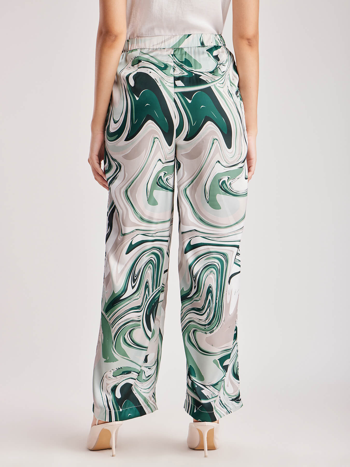 Marble Print Wide Leg Trousers - Green And Grey