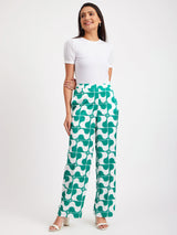 Satin Abstract Print Trouser - Green And Beige
