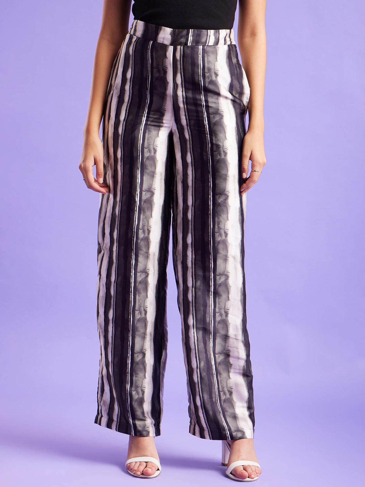 Marble Print Wide Leg Trousers - Black And White