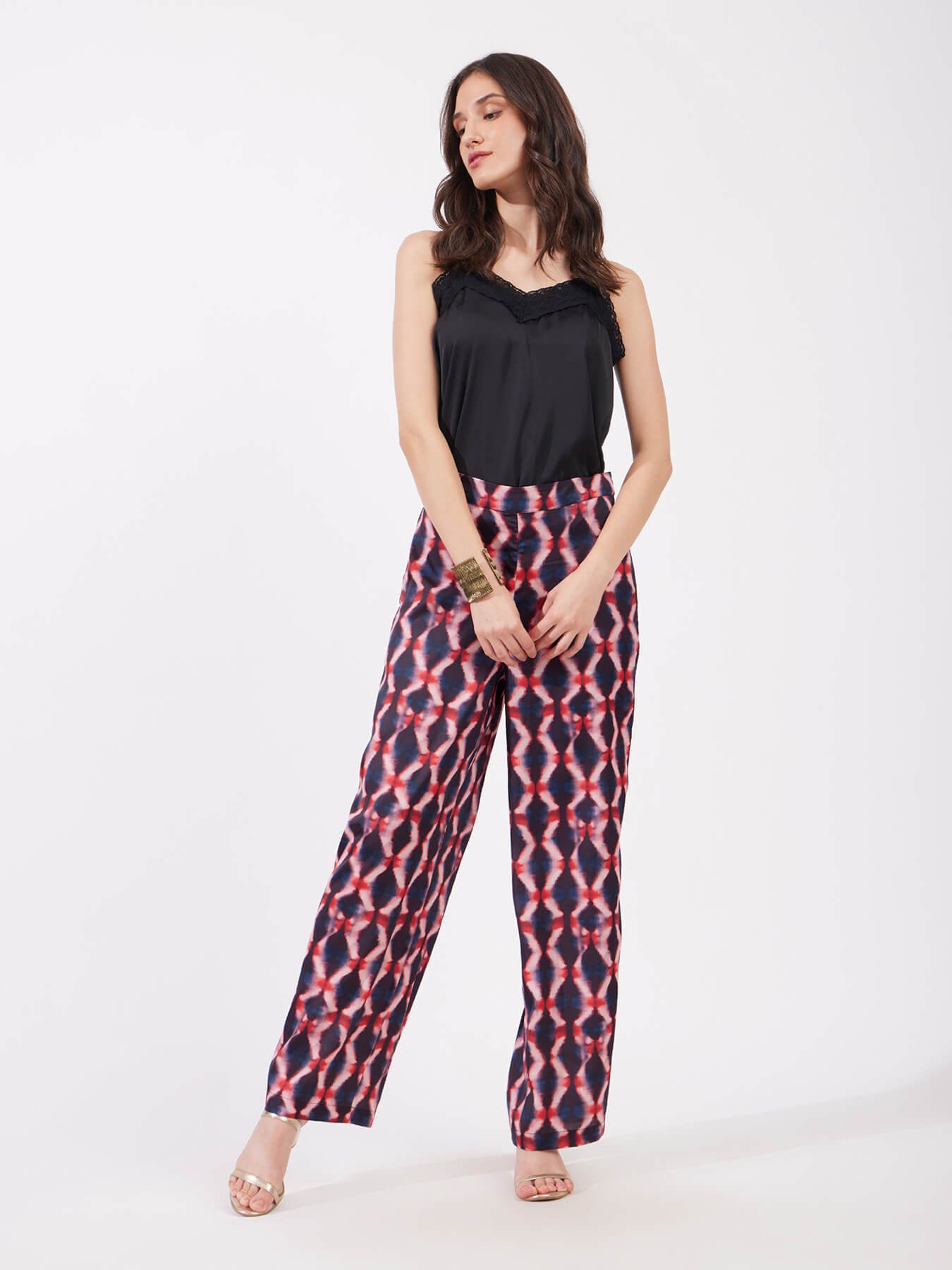 Satin Geometric Print Trousers - Multicolour