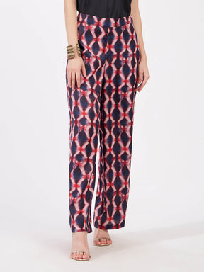 Satin Geometric Print Trousers - Multicolour