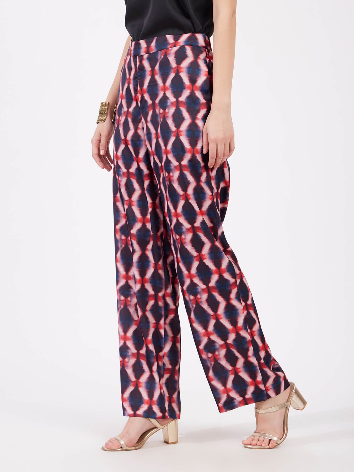 Satin Geometric Print Trousers - Multicolour