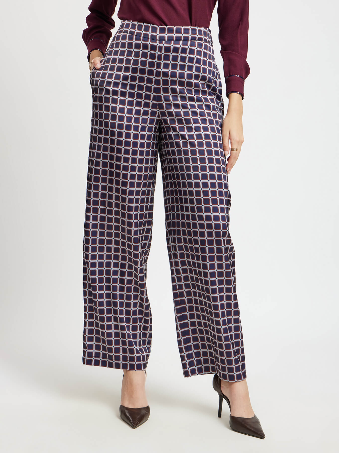 Satin Geometric Print Trousers - Navy And Maroon