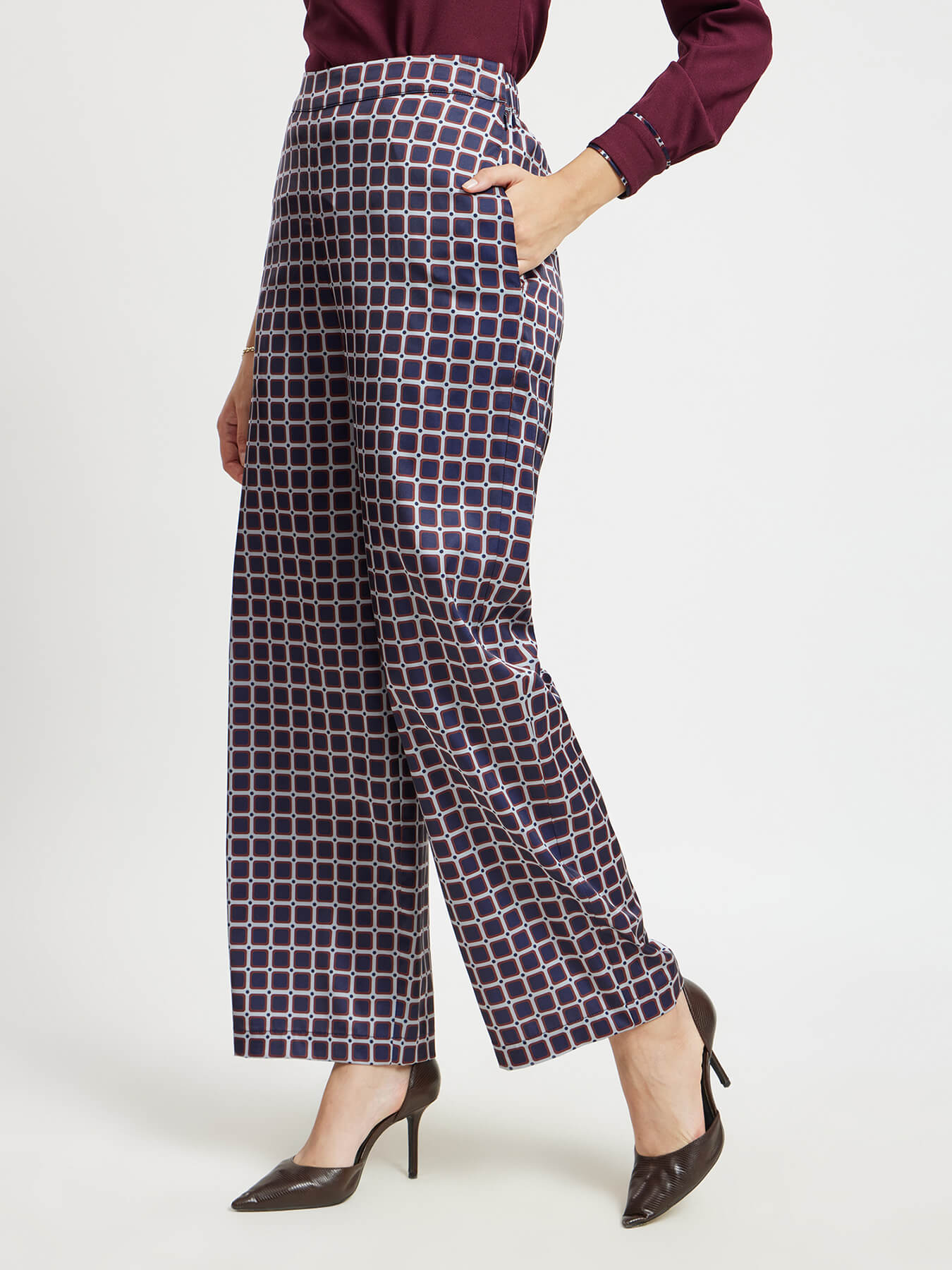 Satin Geometric Print Trousers - Navy And Maroon