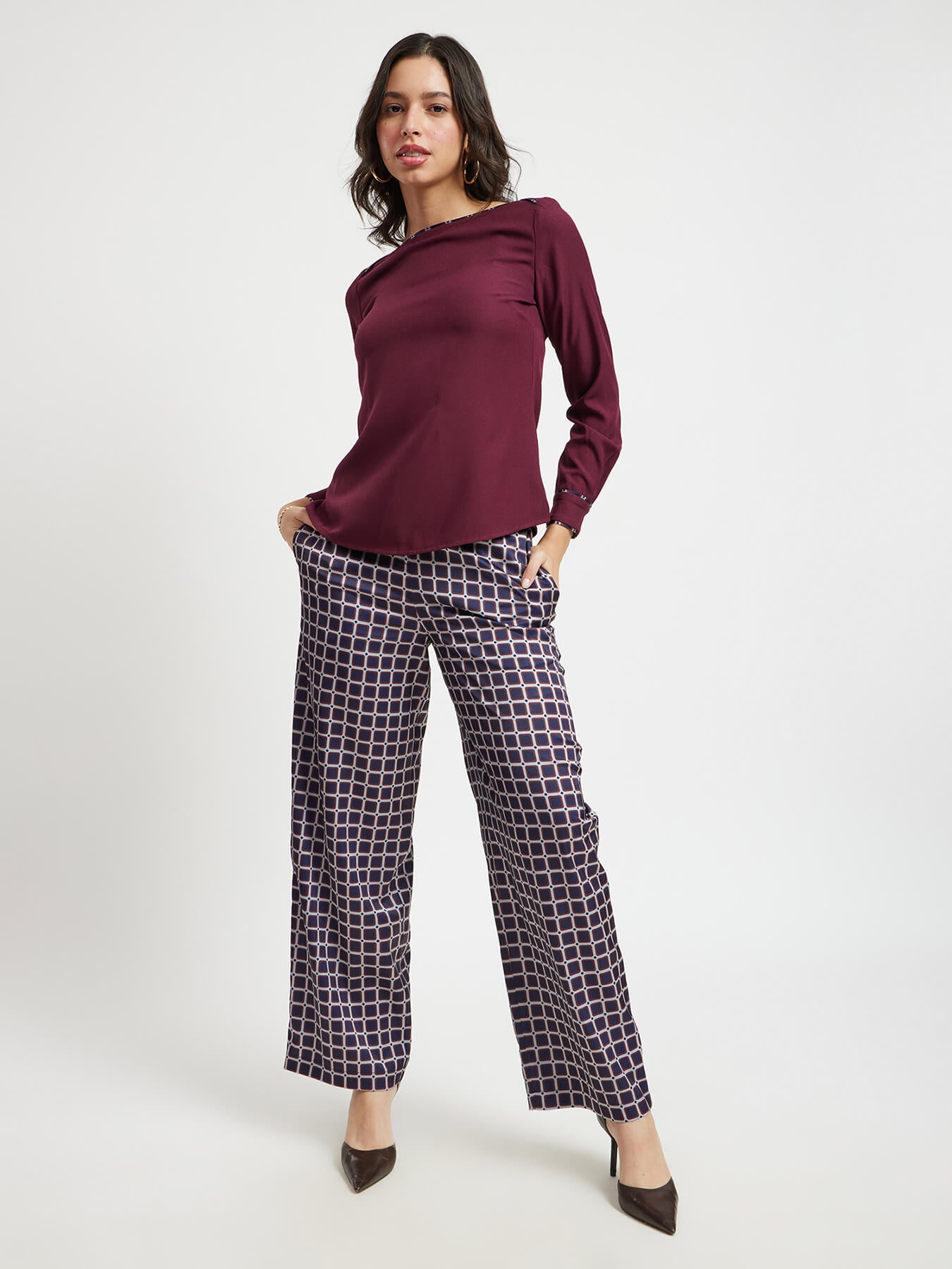 Satin Geometric Print Trousers - Navy And Maroon