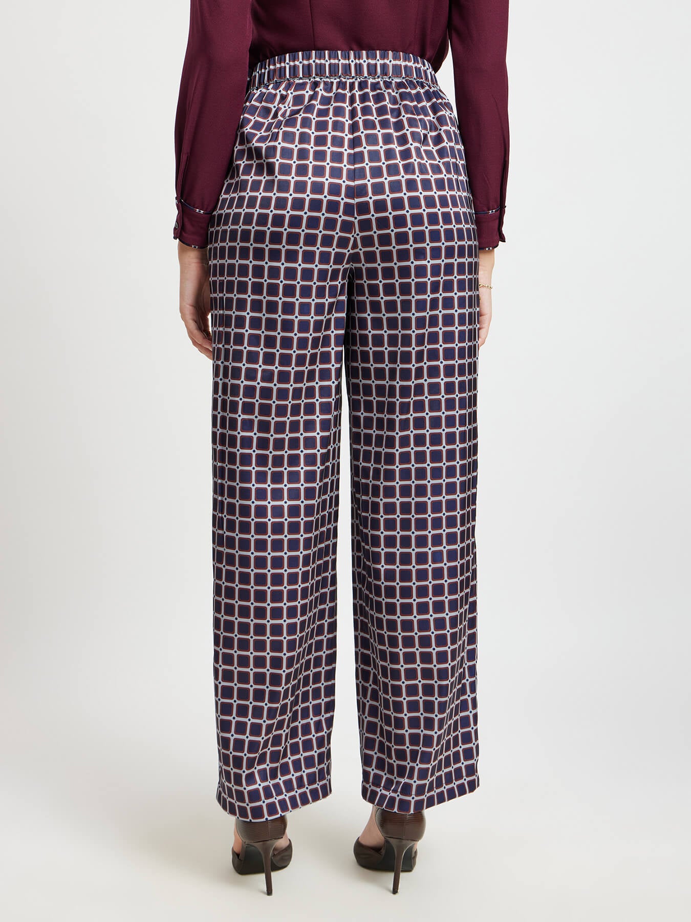 Satin Geometric Print Trousers - Navy And Maroon
