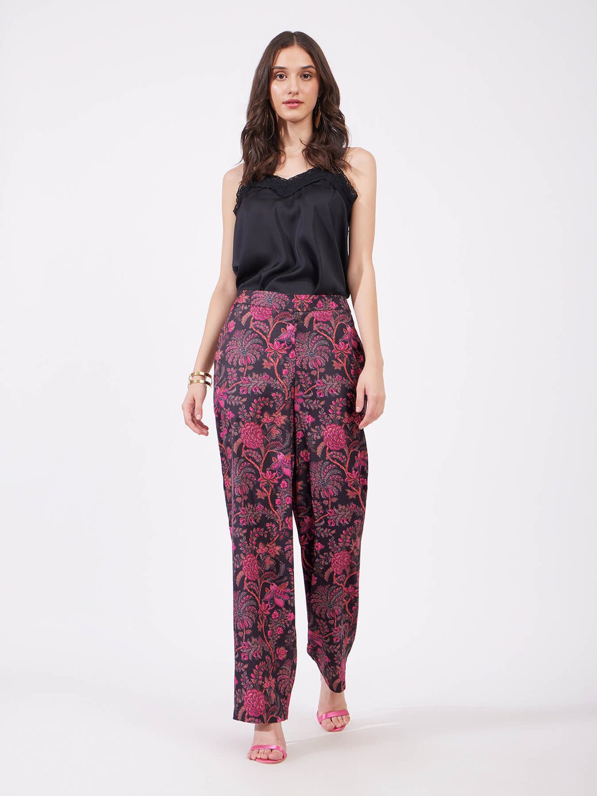 Satin Floral Print Trousers - Pink And Black