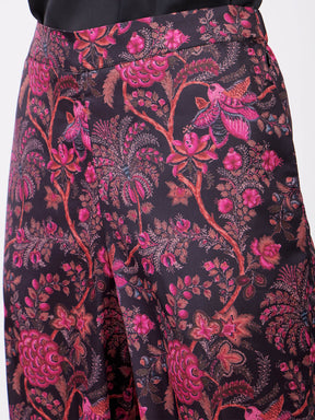 Satin Floral Print Trousers - Pink And Black