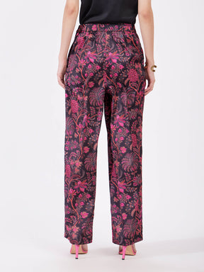 Satin Floral Print Trousers - Pink And Black