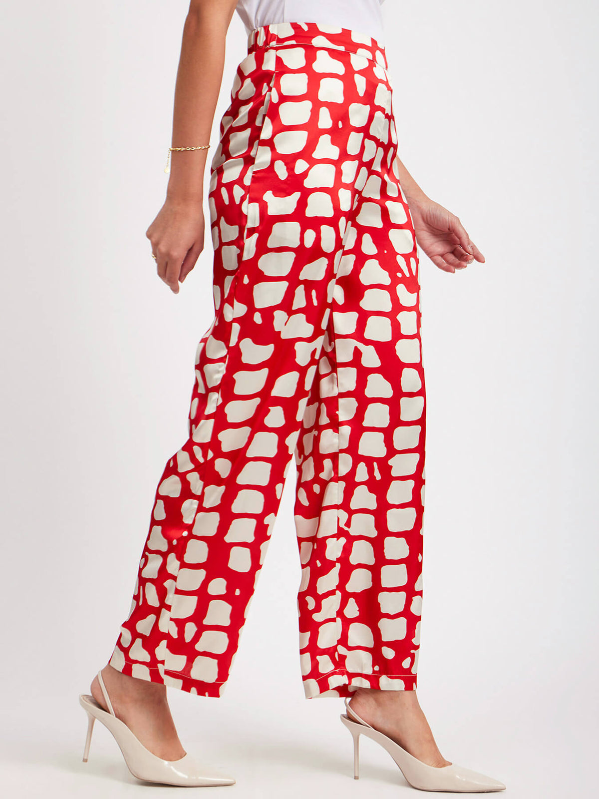 Satin Abstract Print Trouser - Red And Beige