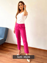 Linen Straight Fit Trousers - Fuchsia