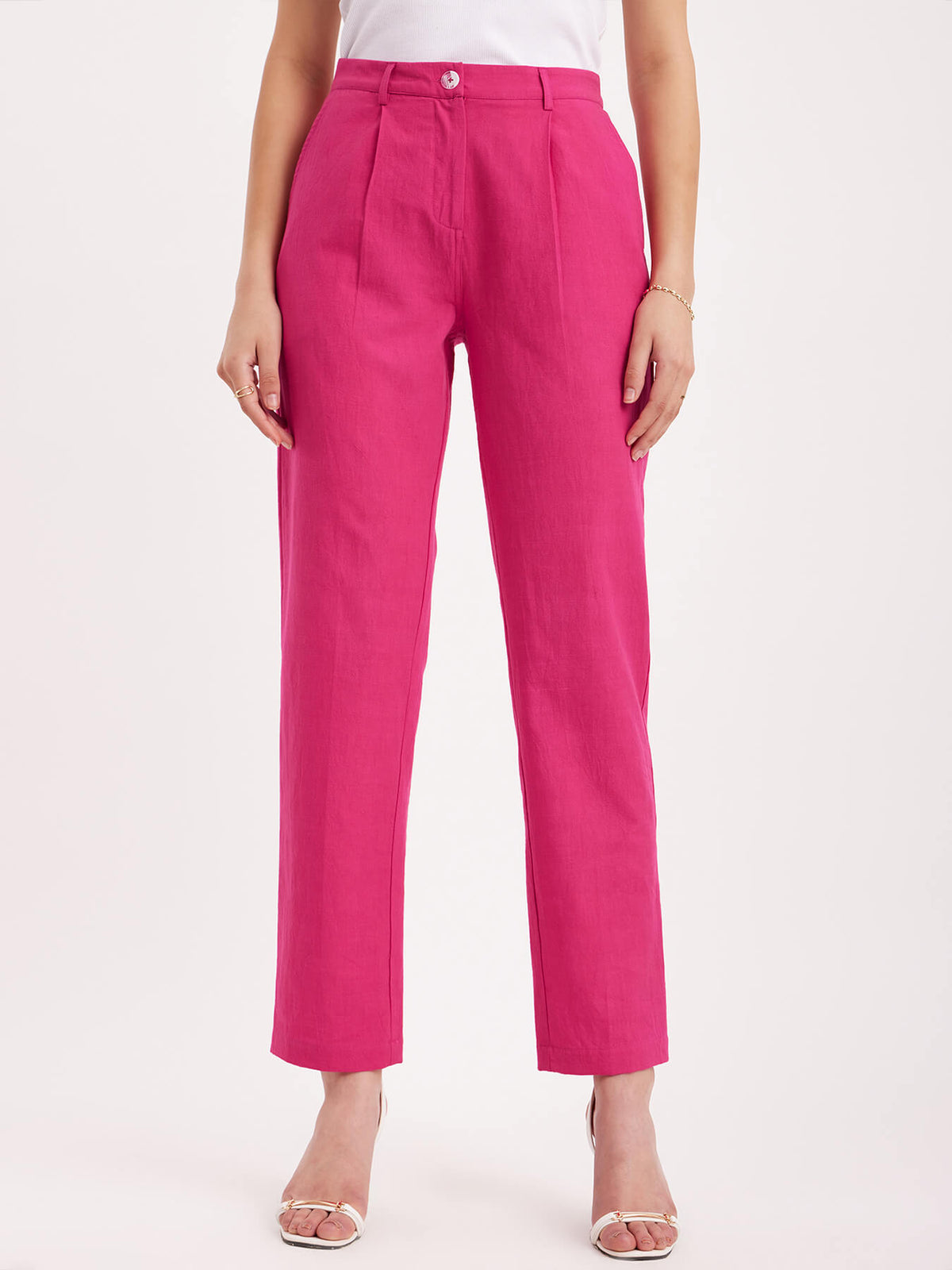 Linen Straight Fit Trousers - Fuchsia