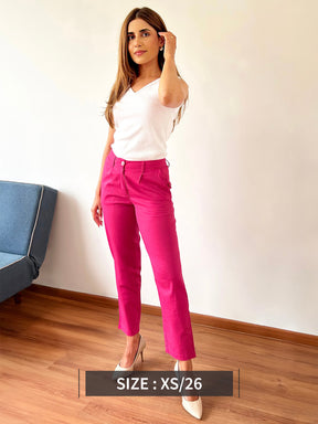 Linen Straight Fit Trousers - Fuchsia