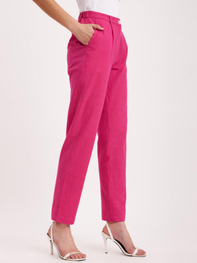 Linen Straight Fit Trousers - Fuchsia