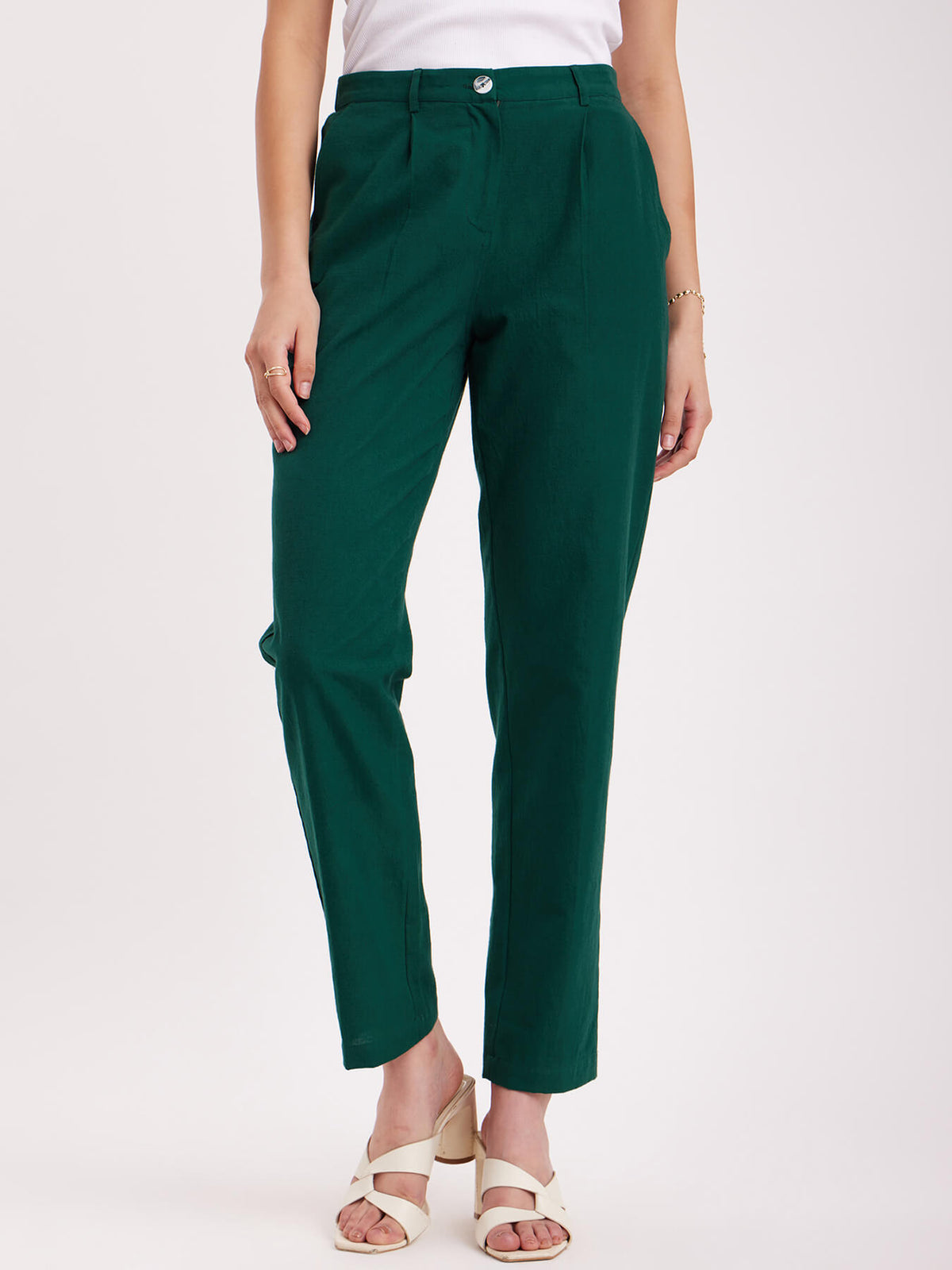 Linen Straight Fit Trousers - Emerald Green