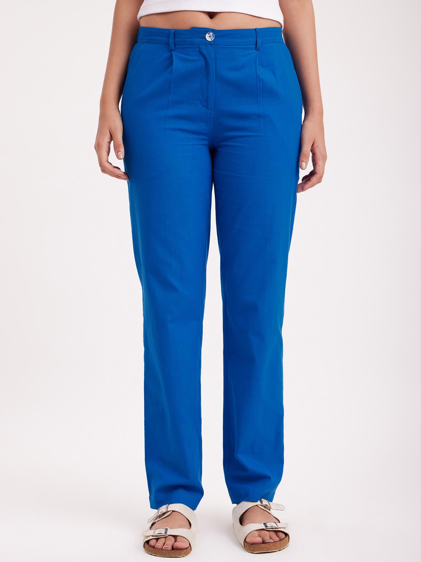 Linen Straight Fit Trousers - Royal Blue
