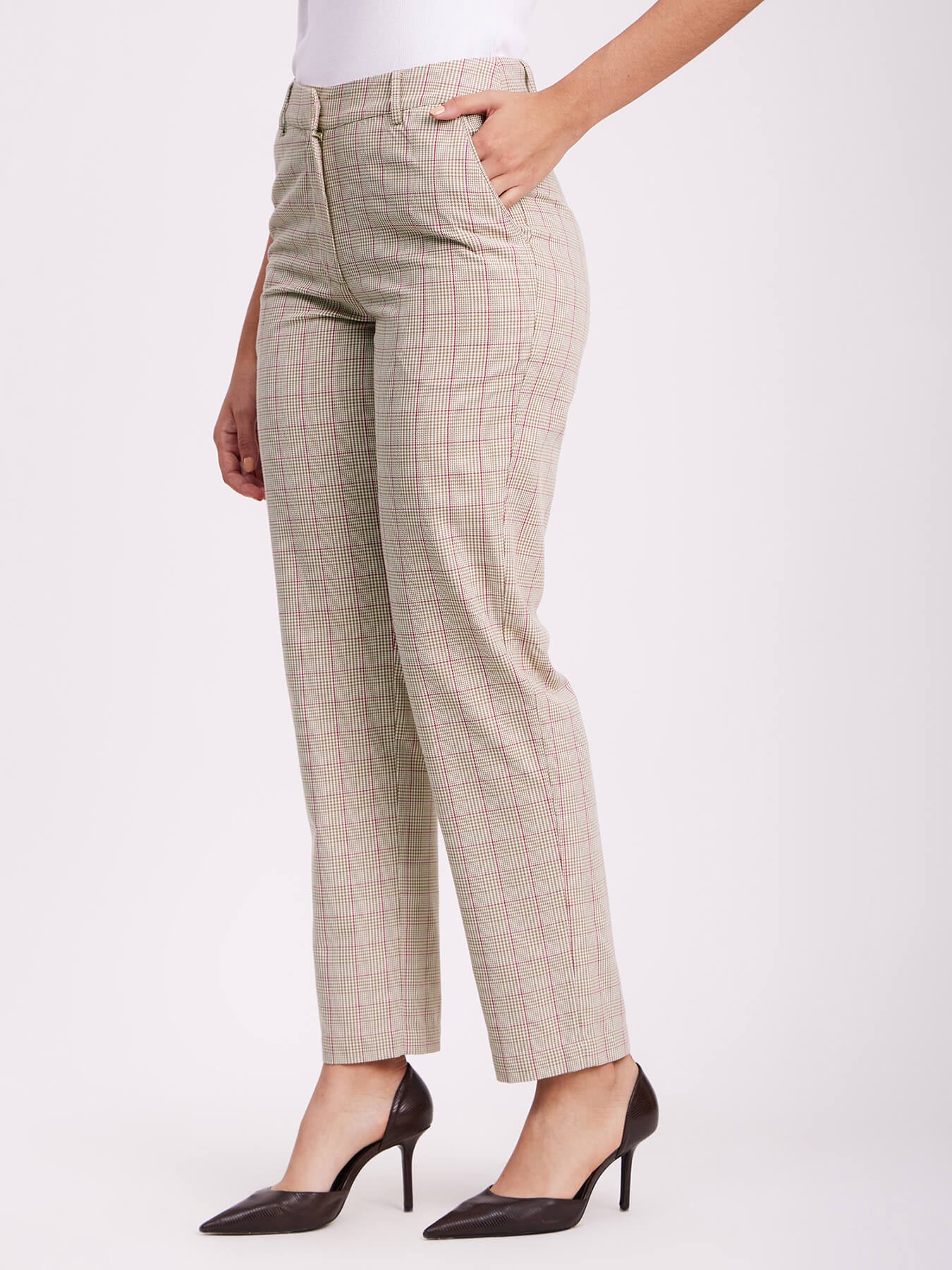 Checkered Straight Fit Trousers - Beige