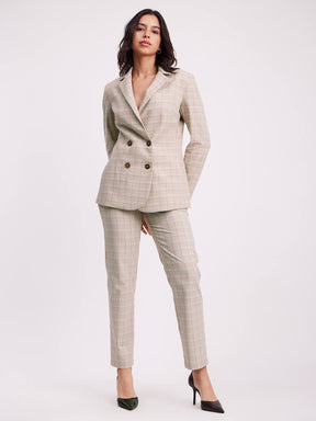 Checkered Straight Fit Trousers - Beige