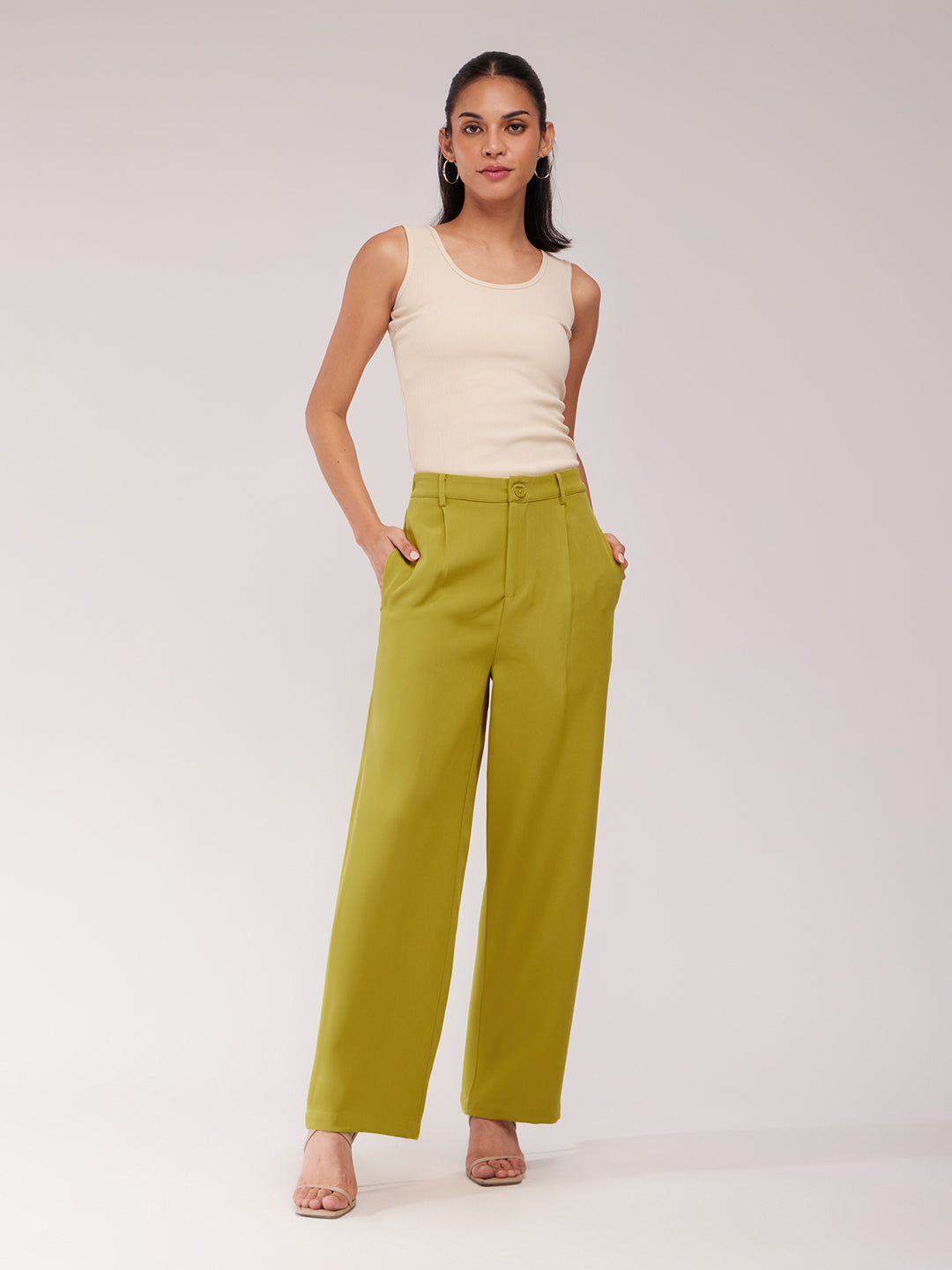 Single Pleat Wide Leg Trousers - Green