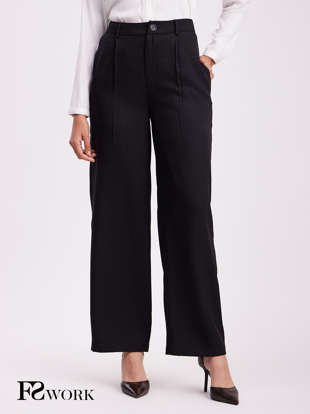 Pleated Wide Leg Trousers - Black