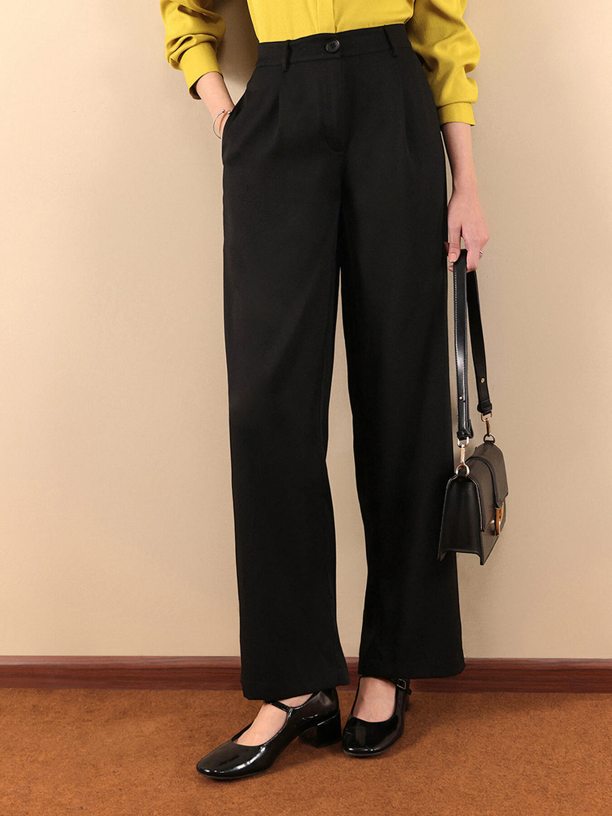 Pleated Wide Leg Trousers - Black