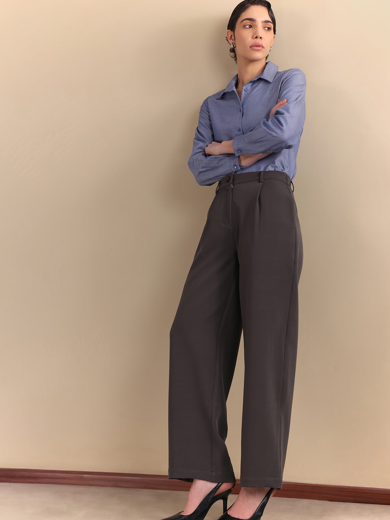 Pleated Wide Leg Trousers - Dark Grey