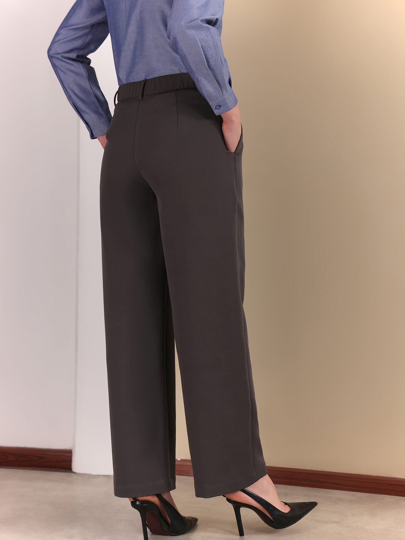 Pleated Wide Leg Trousers - Dark Grey