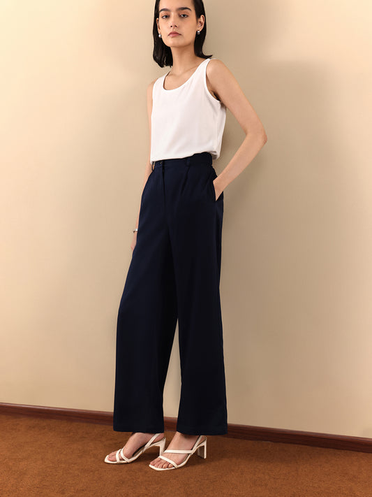 Wide Leg Trousers - Navy Blue