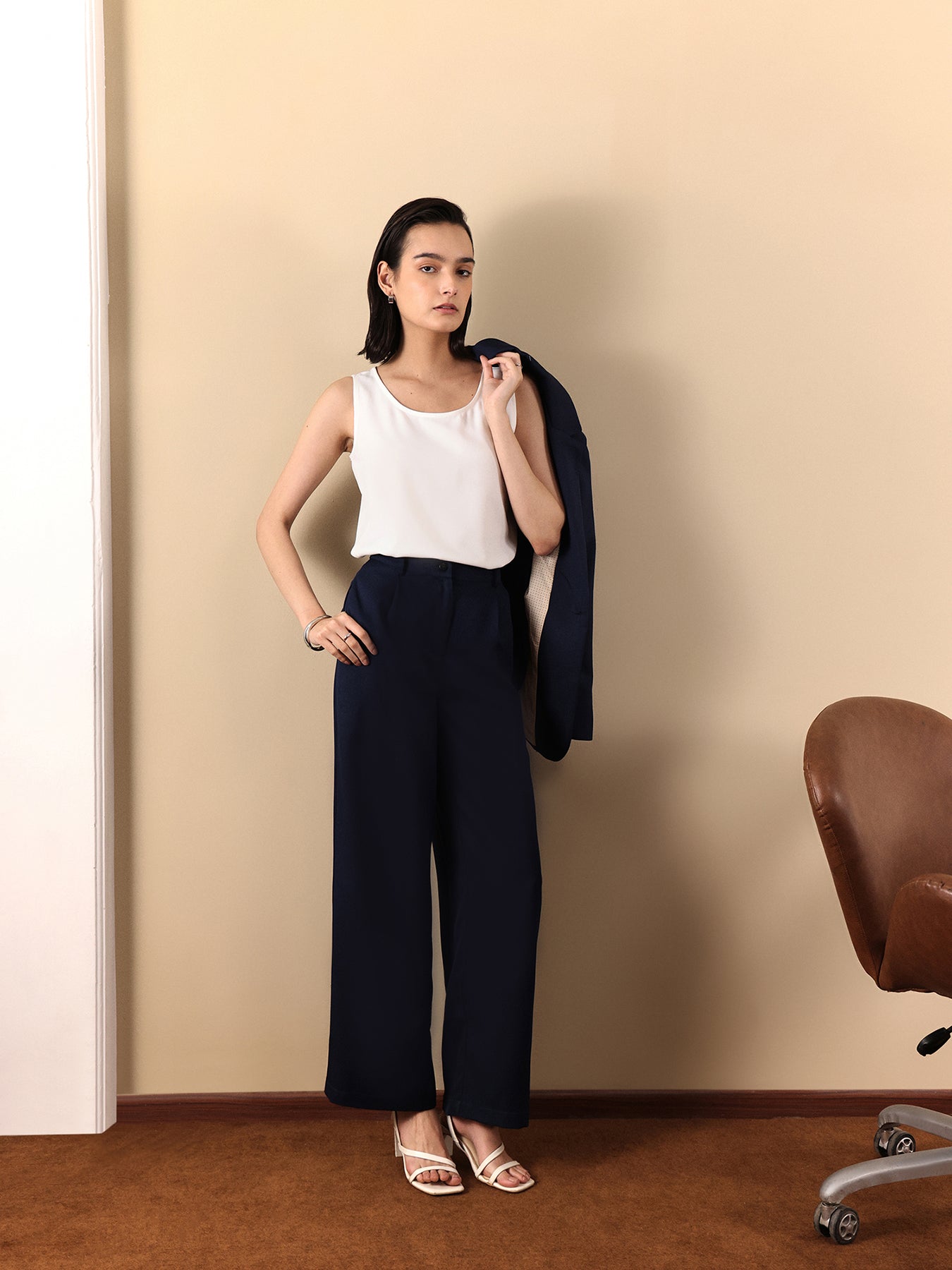 Wide Leg Trousers - Navy Blue