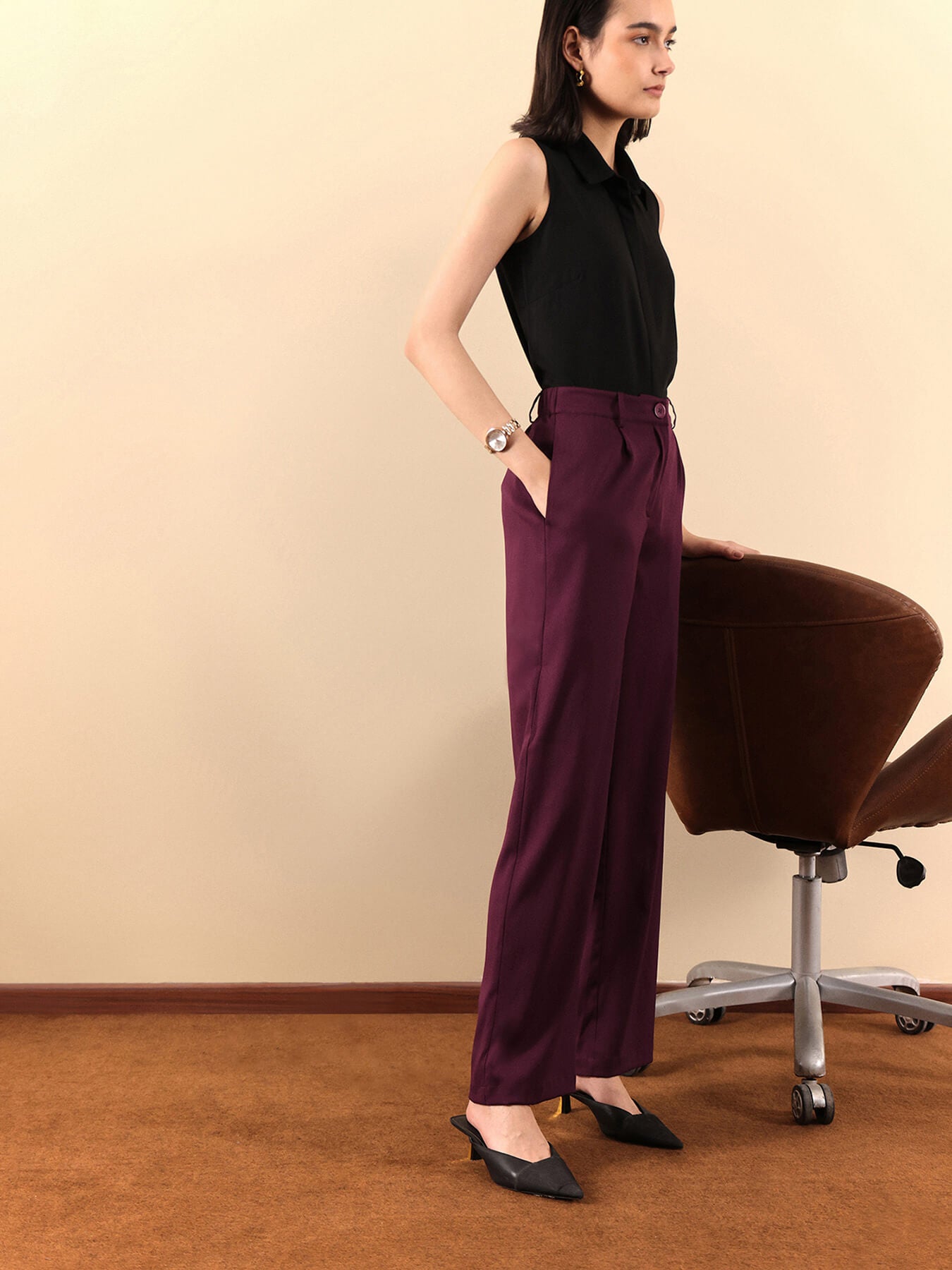 Wide Leg Trousers - Wine