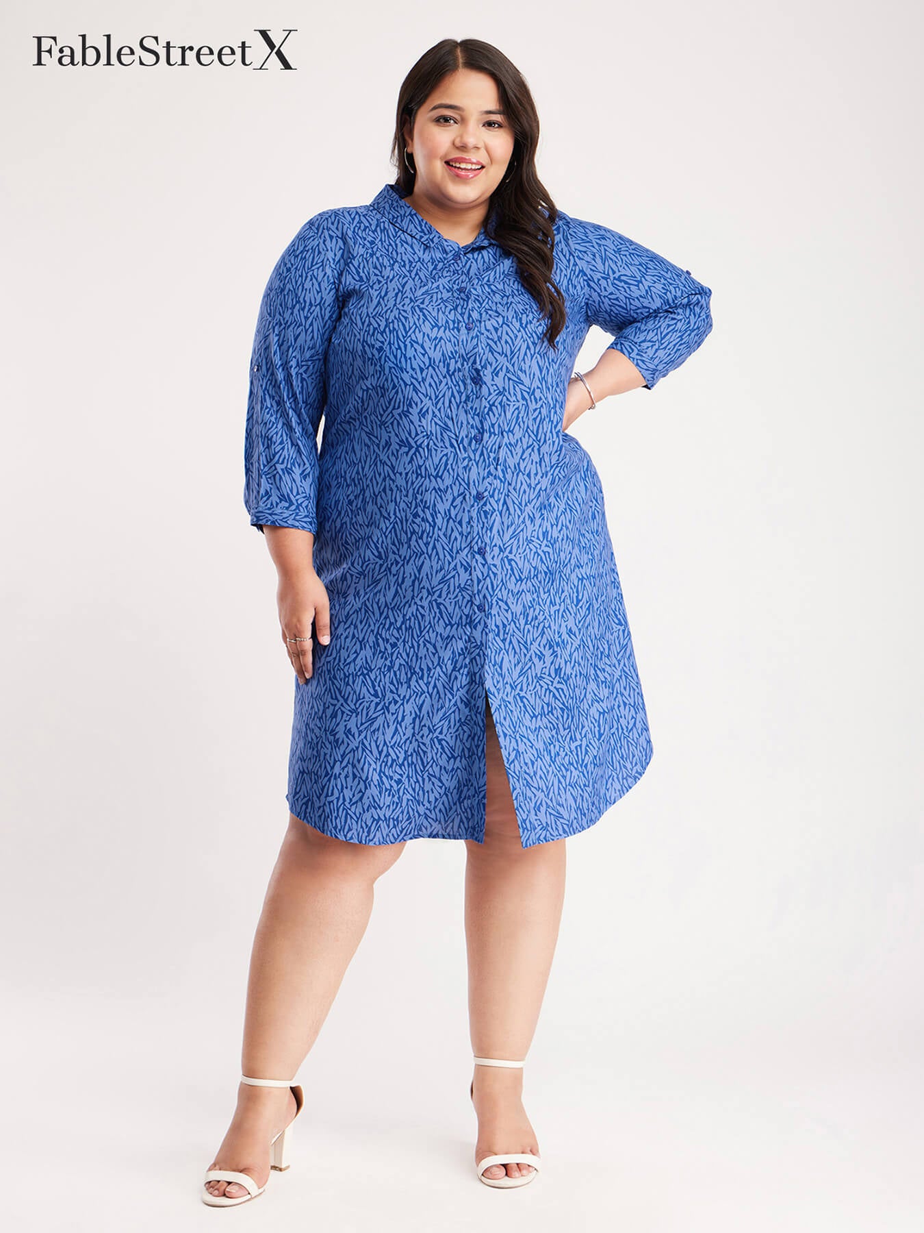 Abstract Print Shirt Dress - Blue