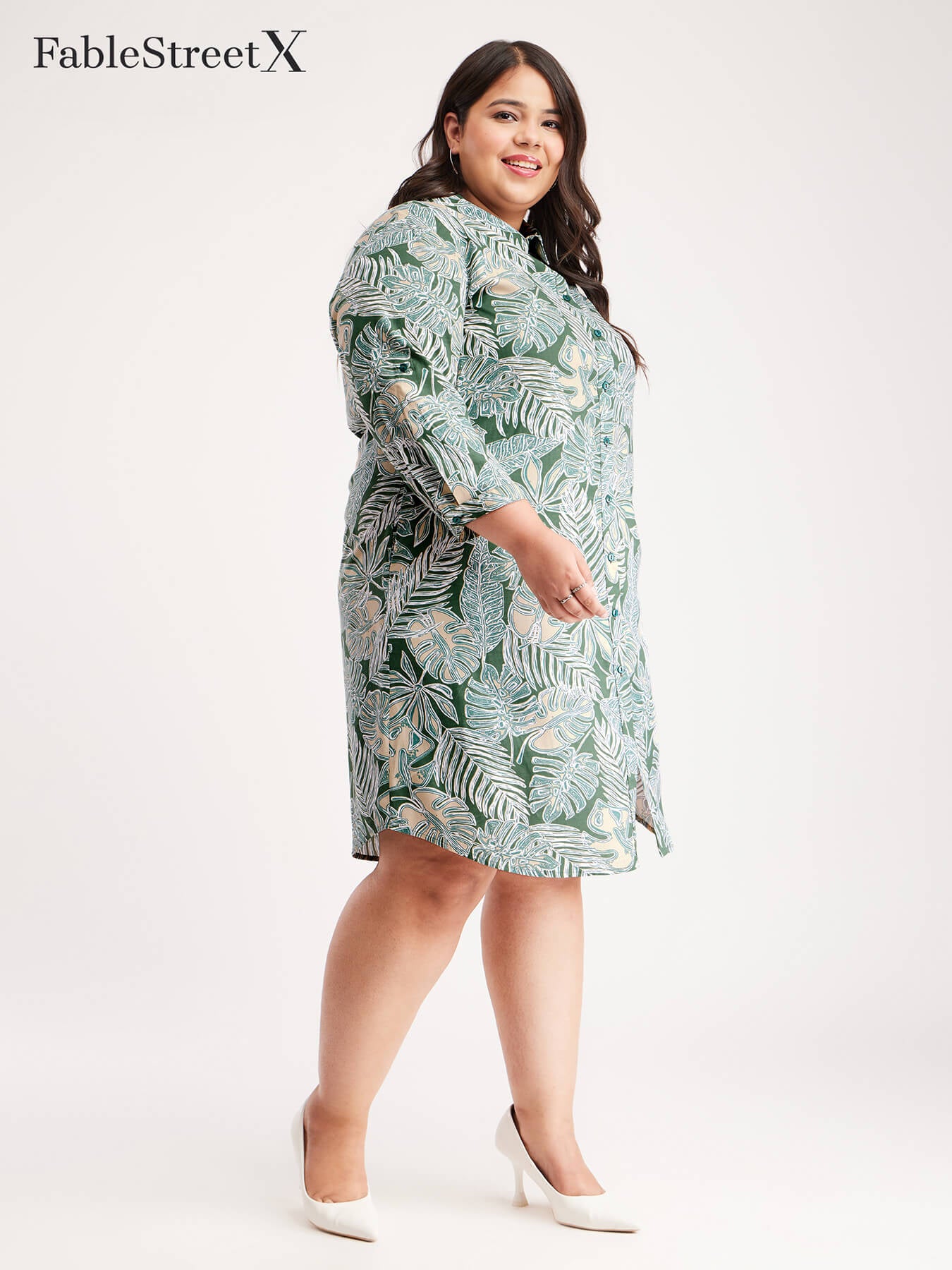 Floral Print Button Down Dress - Green And Beige