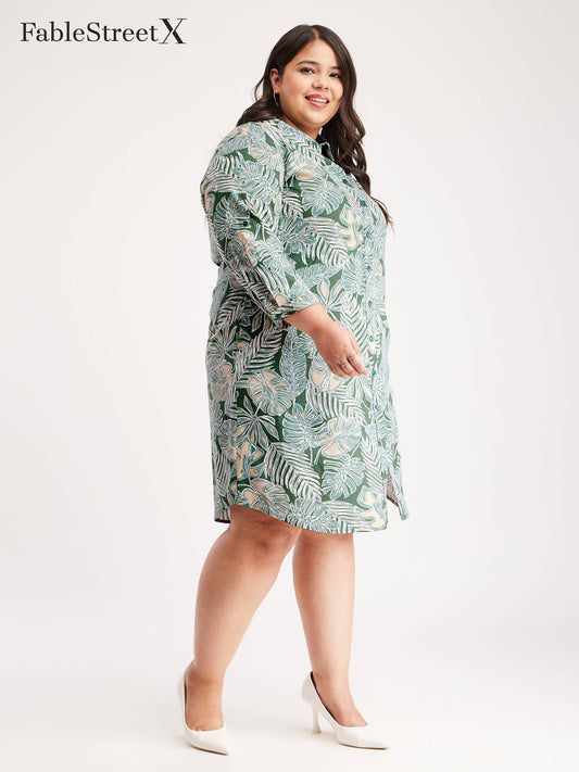 Floral Print Button Down Dress - Green And Beige