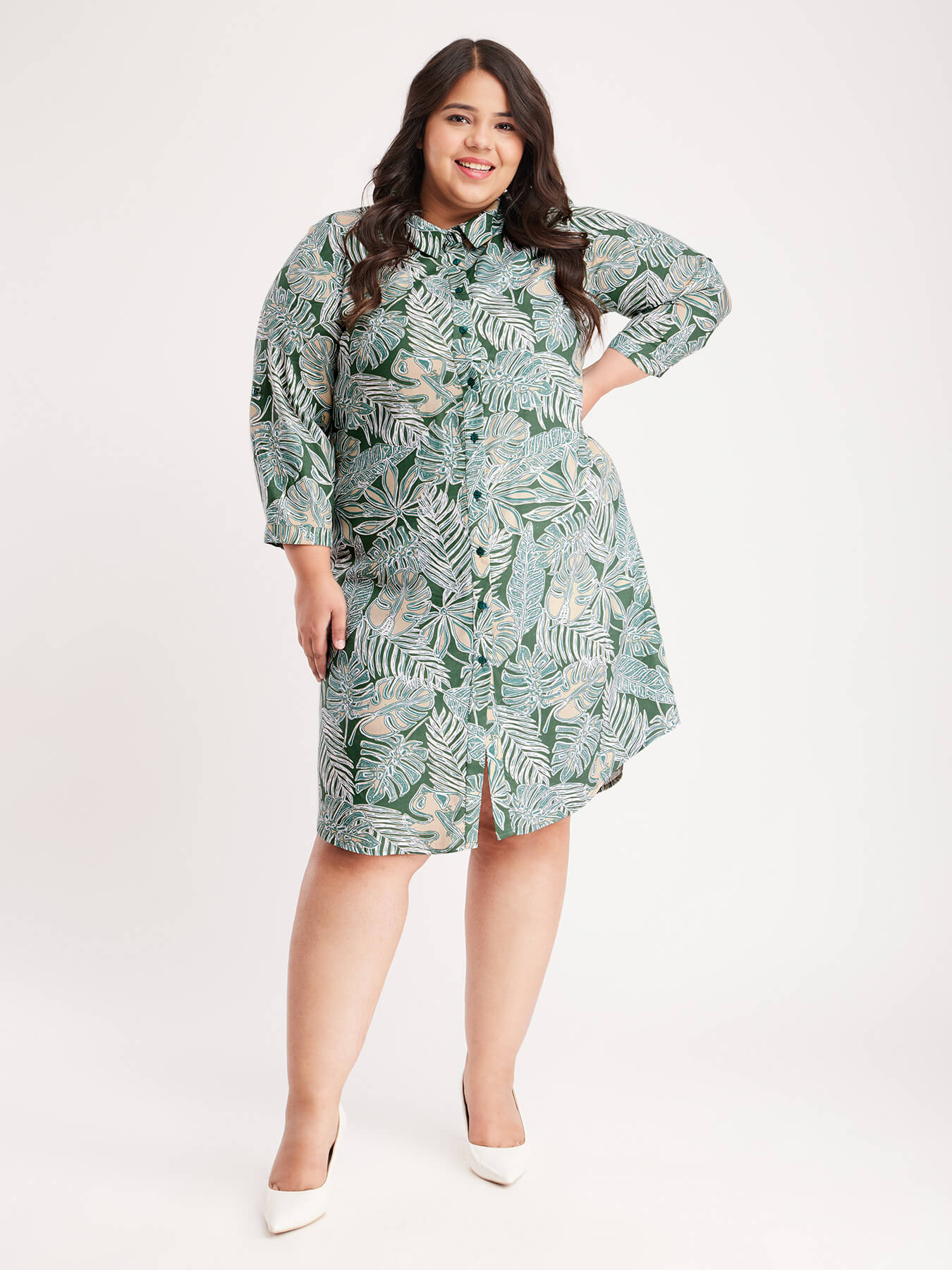 Floral Print Button Down Dress - Green And Beige