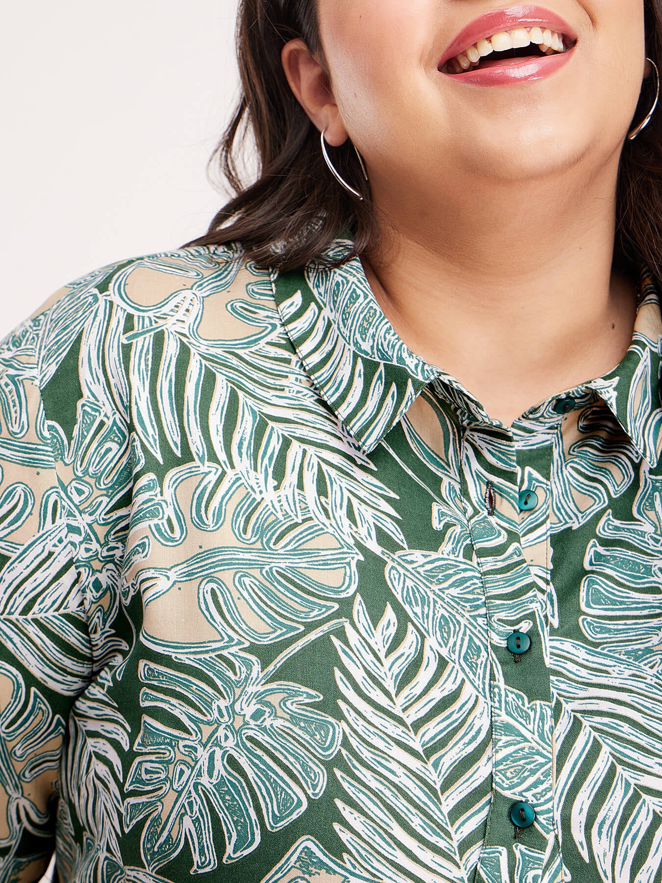 Floral Print Button Down Dress - Green And Beige