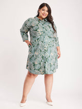 Floral Print Button Down Dress - Green And Beige