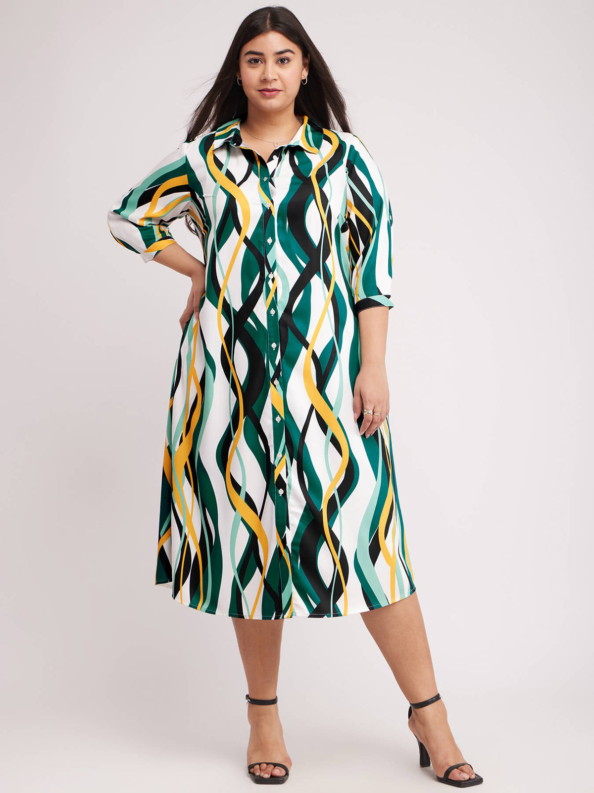 Abstract Print Shirt Dress - White And Teal