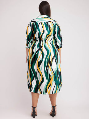 Abstract Print Shirt Dress - White And Teal