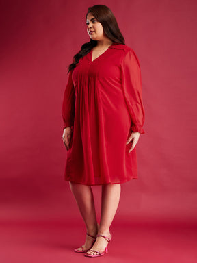Pleated Shirt Dress - Red