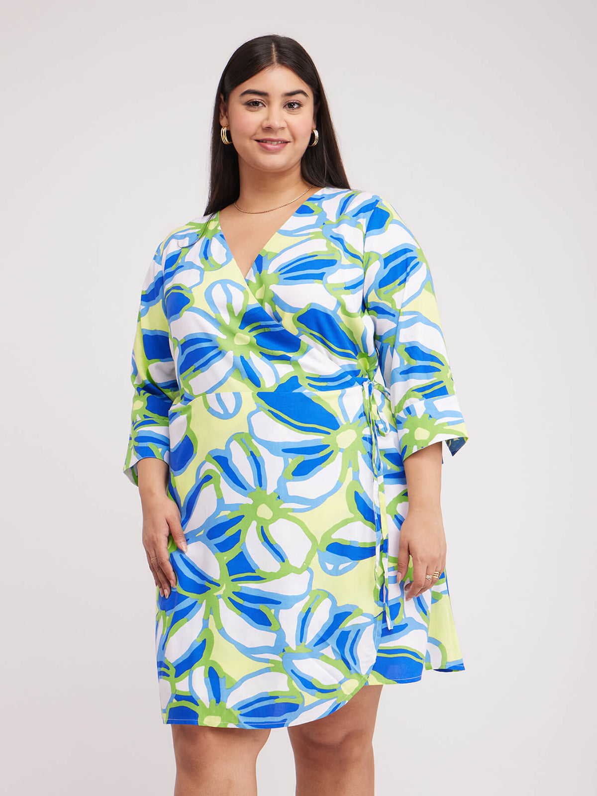 Floral Print Wrap Dress - Green And White