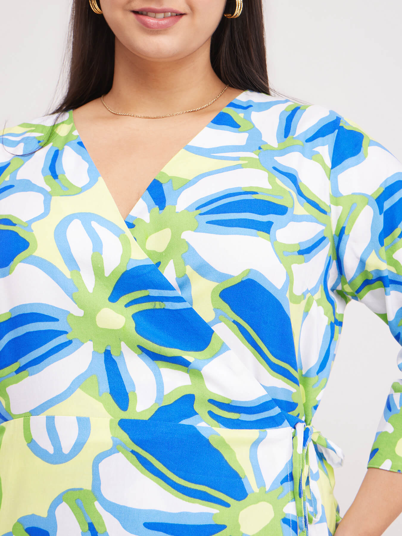 Floral Print Wrap Dress - Green And White