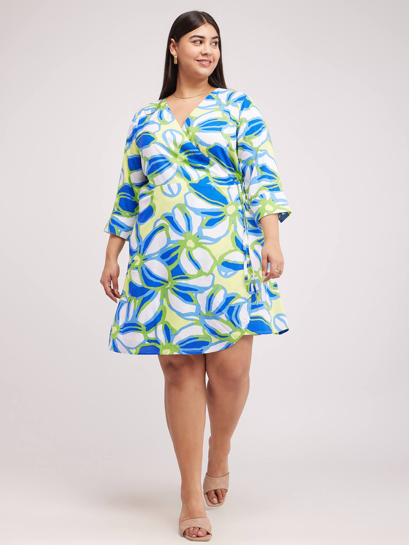 Floral Print Wrap Dress - Green And White